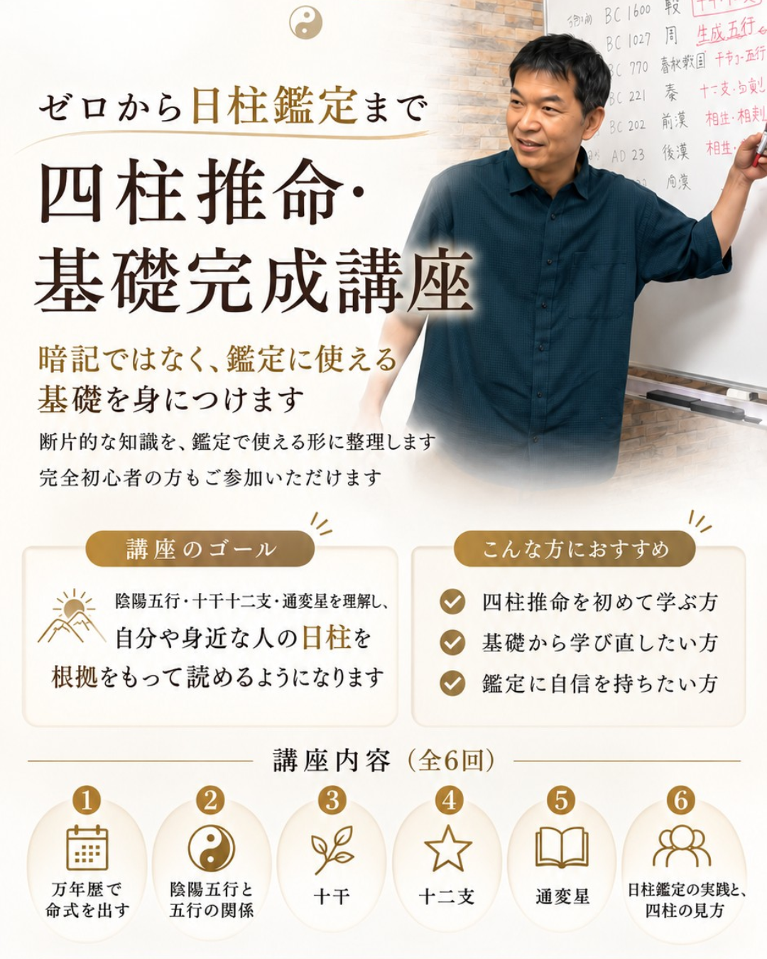 ホワイトボードを使って四柱推命を解説する講師
